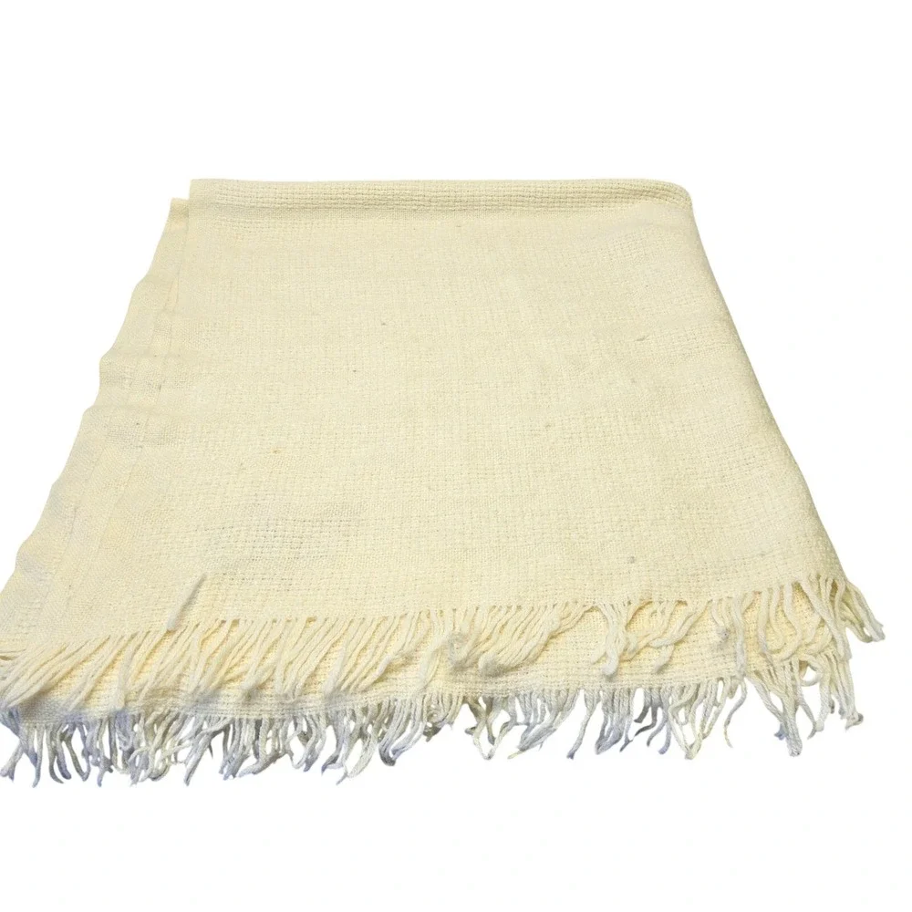 Tulips & Ivory Throw Blanket Unisex Cream Wool Blend Embroidered Pink Floral USA